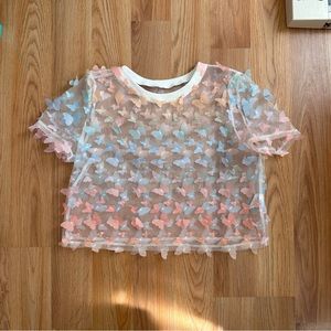 Sheer Mesh Crop Tops Floral Embroided See Throught Short Sleeve T Shirt Blouse